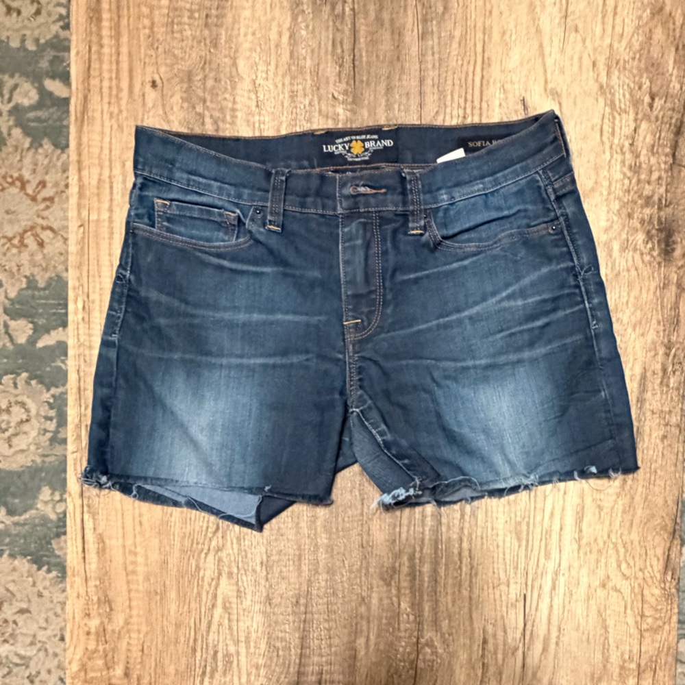 Lucky Brand Sofia Boot Cutoff Denim Shorts Size 8 29 Raw Hem Mid Rise